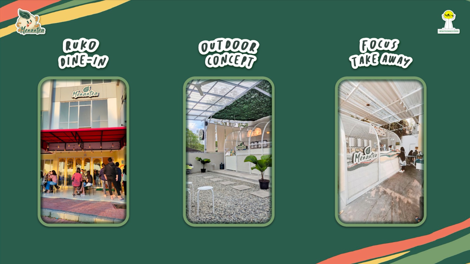 Menantea store formats — ruko dine-in, outdoor concept, take-away focus