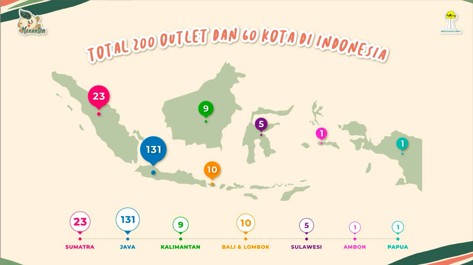 Menantea outlet map — 200 outlets across 60 cities in Indonesia