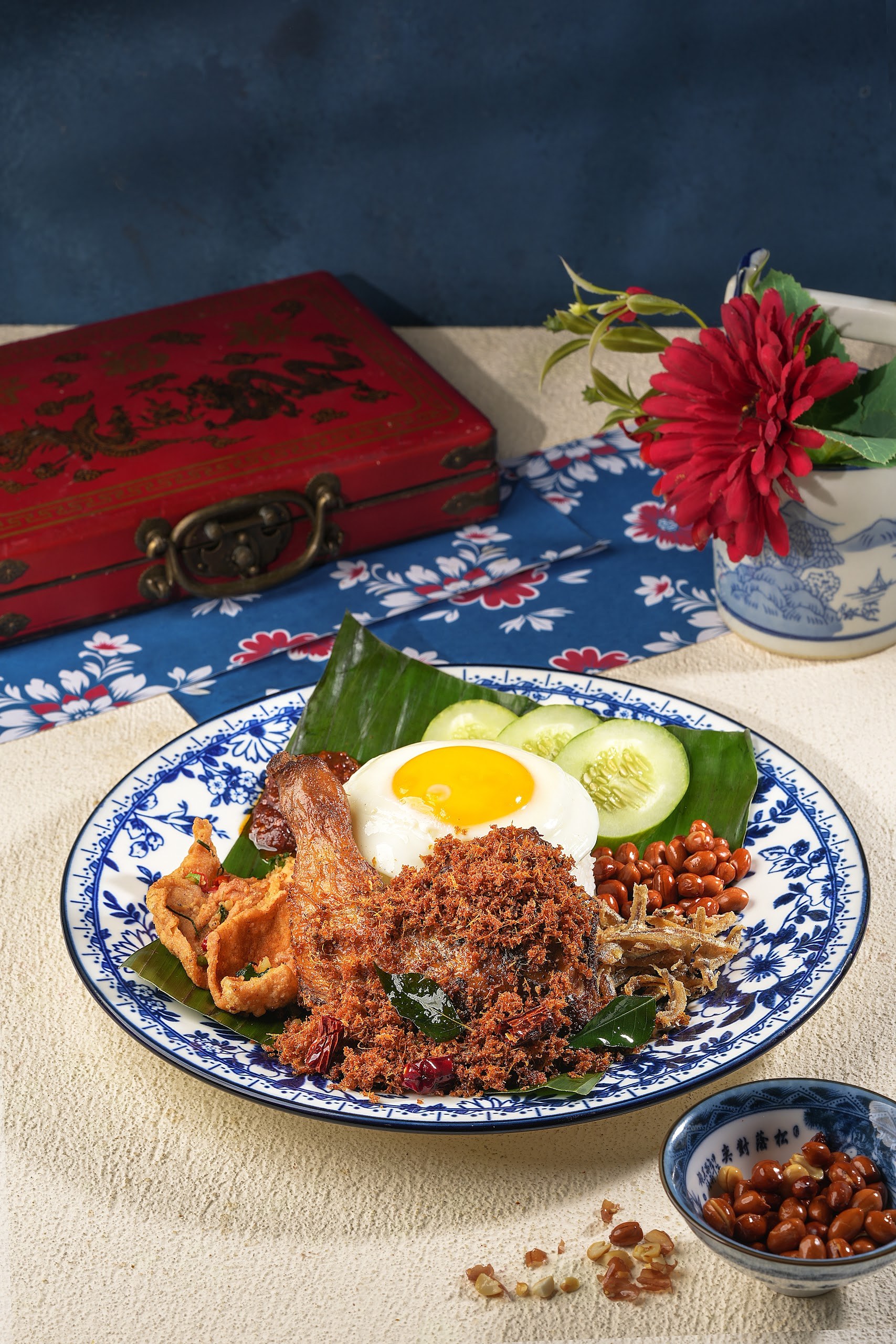 Paket Special Bahru Ayam Rempah — coconut rice, sambal, teri and kacang, egg and ayam rempah